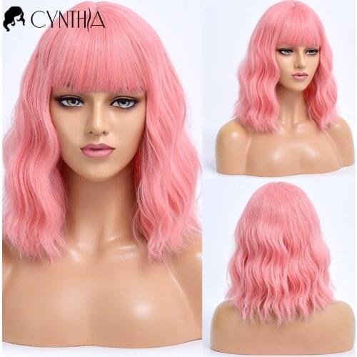 Short Pink Cosplay Wave Colored Hair Synthetic Wig For White Women With Bangs Natural Daily Female Heat Resistant Fiber Wigs