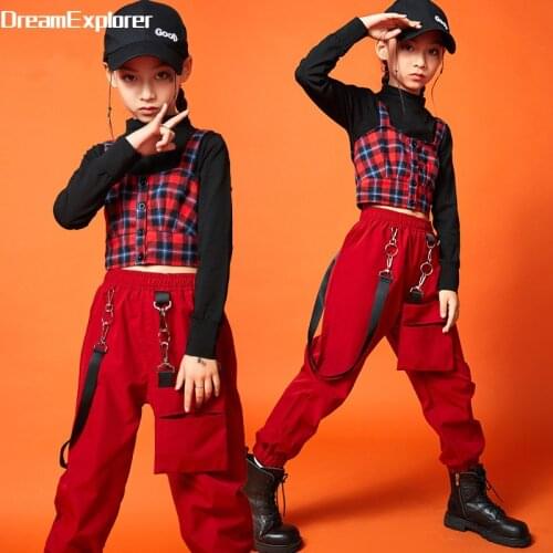 Hip Hop Girl Crop Top Sweatshirt Joggers Kids Streetwear Red Cargo Pants Plaid Camisole Child Clothes Sets Jazz Dance Costumes