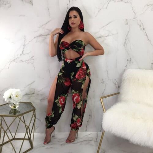 2021 Summer New Style European And American Sexy Printed Tube Top, Trouser Leg Side Slit Jumpsuit