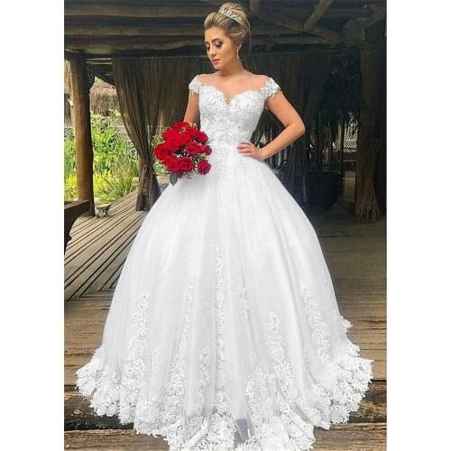 Fashionable Tulle Off-the-shoulder Neckline Ball Gown Wedding Dresses With Beaded Lace Appliques Bridal Gowns