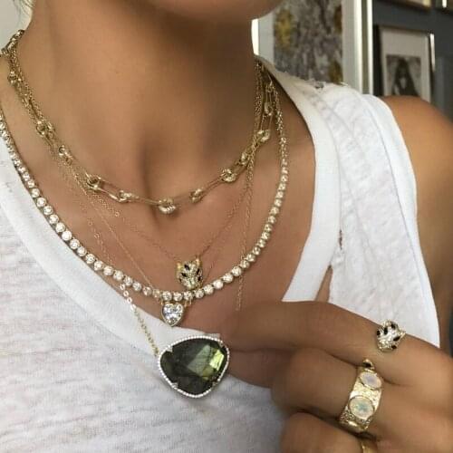 Pave black white cubic zirconia cute lovely animal design leopard gold fashion necklace