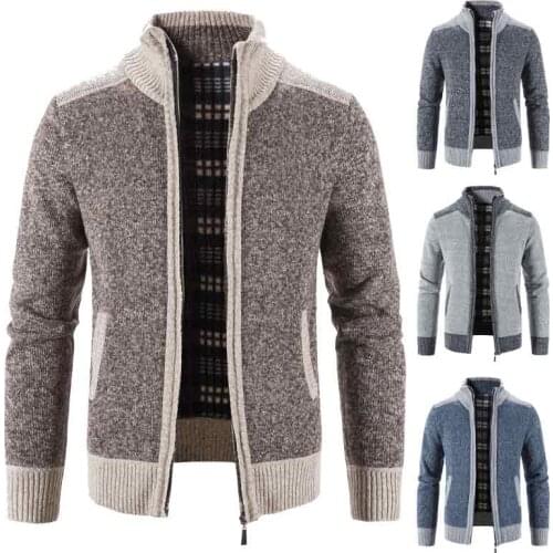 Mens casual loose sweater fashion stitching sweater zipper cardigan fleece thick autumn and winter warm jacket