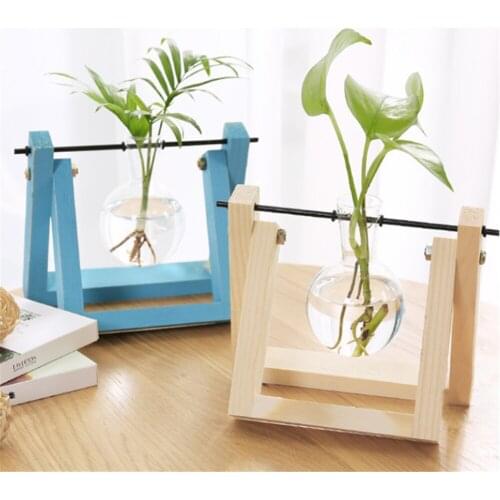 Tabletop Plant Potted Vase Wooden Frame Flower Pot Transparent Glass Container Creative Home Decor Ornaments For Living Room
