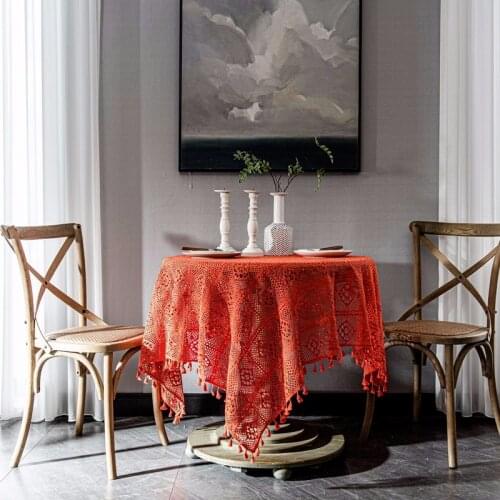Orange Retro Crochet Table Cloth Knitted Hollow Literary Coffee Table Covers with Tassel Background Wedding Party Decor Cloth