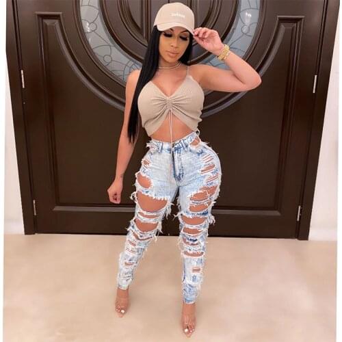 Retro Washed Sexy Hole Jeans High Waist Ripped Hole Out Denim Pants High Street Skinny High Waist Lady Pants Skinny Trousers