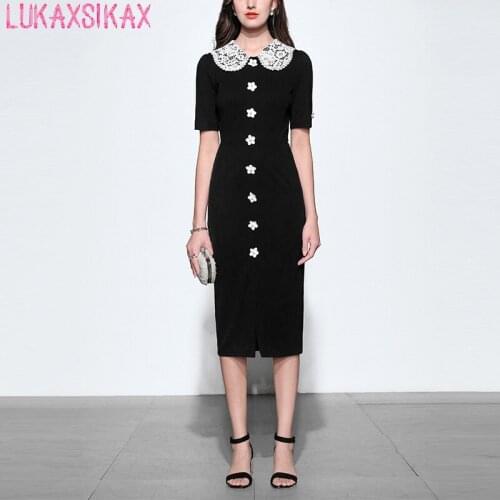 LUKAXSIKAX High Quality Runway Designer Black Pencil Dress 2020 Spring Summer Women Lace Patchwork Appliques Elegant Dress