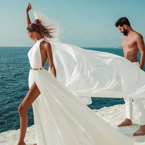 Verngo Simple Beach Wedding Dress 2020 Sexy Backless A Line Ivory Chiffon Wedding Gowns High Neck Long Dress Formal Party