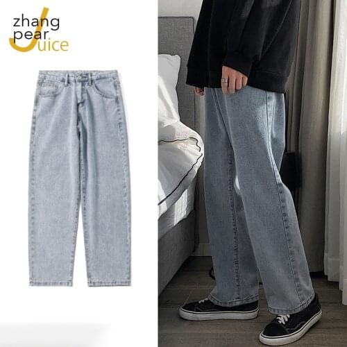 Retro Blue Solid Wide Leg Pants Loose Men Jeans Trousers Harajuku Streetwear Casual Denim Pants