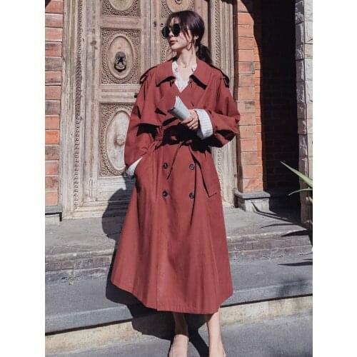 Quality Brand Women Trench Coat Red Khaki Double Breasted Wide-waisted Oversize Coat Office Lady Spring Autumn Outerwear 2020