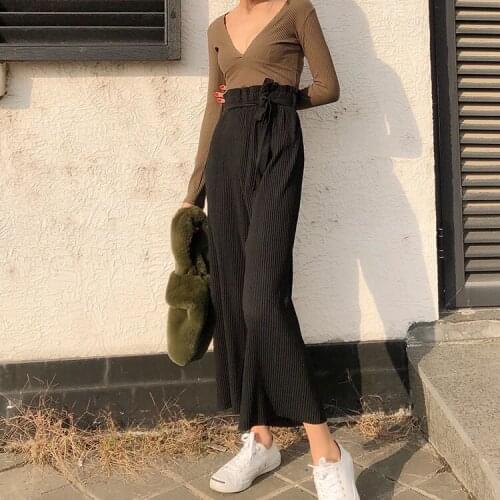 Wide Leg Pants Women 2019 Autumn Korean Fashion Vintage Bow Sash High Waist Pleated Trousers Black Khaki pantalon femme B226