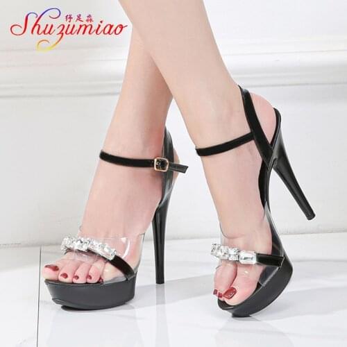 2021 Transparent PVC Wedding Shoes Model Catwalk Show Heels Diamond 13CM Women Summer Sexy Thick Bottom One Word Band Sandals