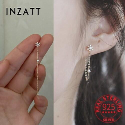 INZATT Real 925 Sterling Silver Tassel Chain Zircon Snowflake 14K Gold Stud Earrings For Women Cute Fine Jewelry Drop Shipping