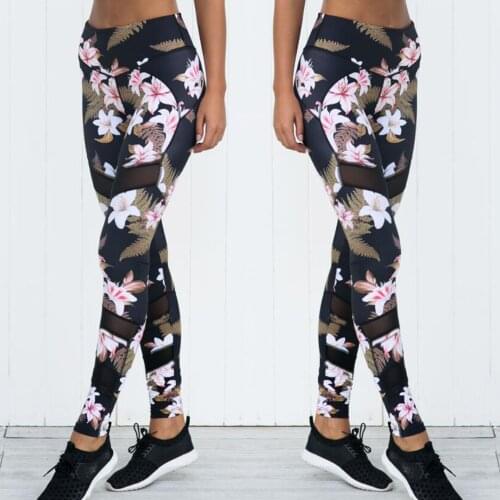 Yoga Pants Women Running Tights S-XL Sport Fitness Leggings Stretching Mesh Patchwork Gym Tights Flower Jogging Workout Pants