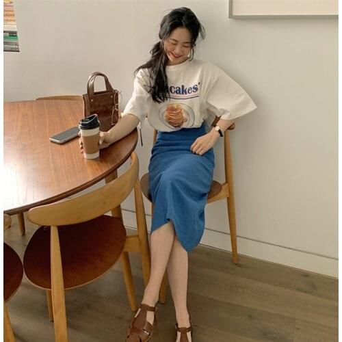 New Girls Summer T-shirt Women Suit Shirt Short Sleeves Tops High Waist Long Solid A Line Skirts Two Piece Suits Sell Separately
