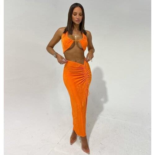 2021 Women Long Skirt Suit Lace-up Hollow Small Vest Fashion Slim Fit Split Skirts Fall Clothes for Women Party Club Outfits