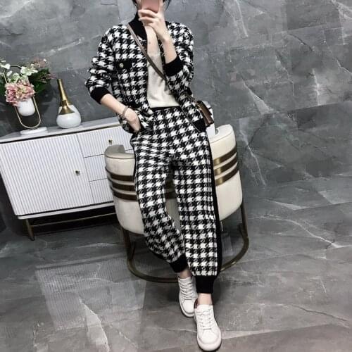 2021 Autumn Winter Women Plaid Knitted 2 Piece Set Fashion Black White Houndstooth Zipper Jacket Coat + Casual Harem Pants Suits