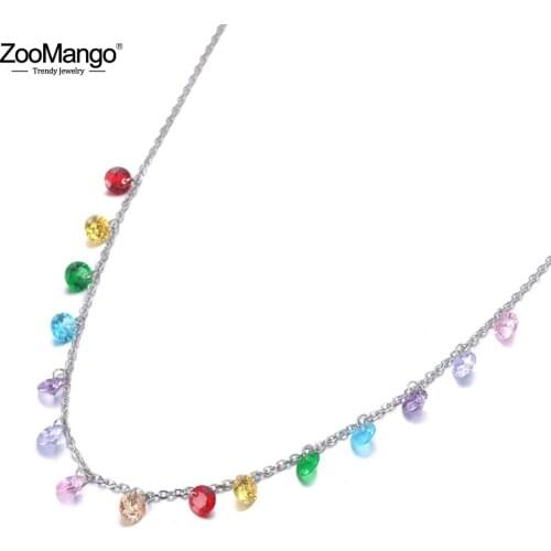 ZooMango Fashion Bohemia Stainless Steel Colorful CZ Crystal Choker Necklace Summer Beach Pendant Necklace For Women ZN19125