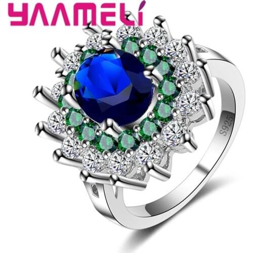 1pc Blue&Green CZ Zircon Sparkling Flower Rings For Women Wedding Zircon 925 Silver Rings Size 6-9 Wholesale