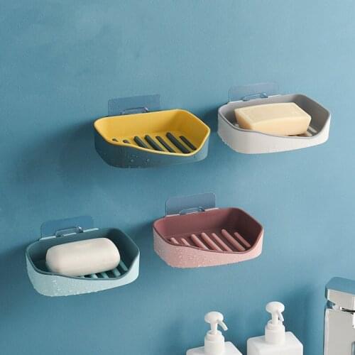 Wall Mounted Self Adhesive Soap Dishes Soap Sponge Dish No Drilling Storage Box Rack Shelf Double Drain Bathroom Soap Holder