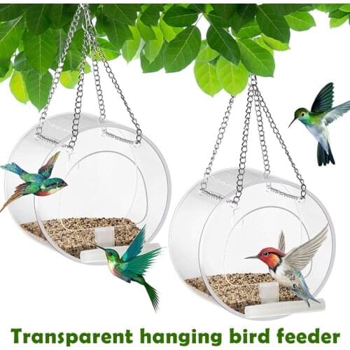 Acrylic Birds Feeder With Hanging Chain Outdoor Transparent Birds Food Box Anti-Spray Food Box Hanging Birds Feeder D1