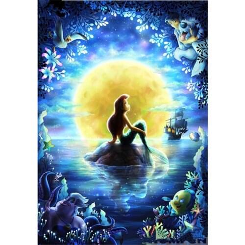 Diamond Embroidery Cartoon Mermaid Princess Diamond Painting Cross Stitch Rhinestone Mosaic Sea View Sunset Clouds Home Decal
