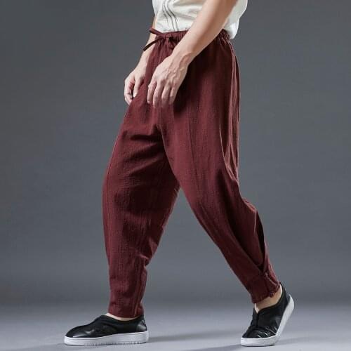 Spring Men Kungfu Yoga Tai Chi Pant Linen Loose Wide Leg Sweatpant Running Jogger Fitness Gym Workout Casual Pant Sportswear