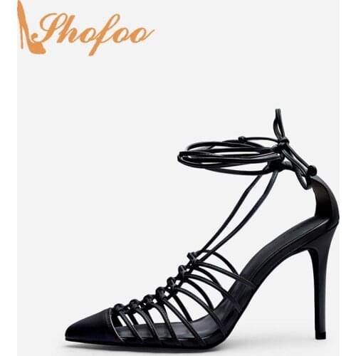 Black High Thin Heels Woman Sandals Pointed Toe Ankle Strap Ladies Fashion Casual Footwear Stilettos Shoes Big Size 12 15 Shofoo