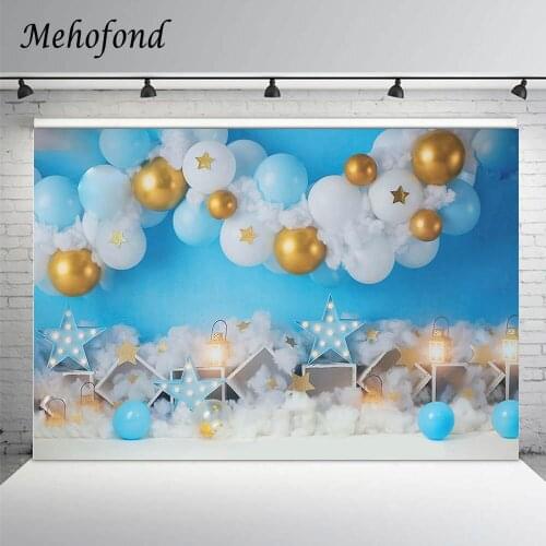 Blue Newborn Portrait Background Photography Props White Clouds Balloon Gold Glitter Star Boy Cake Smash Photo Backdrop Shooting