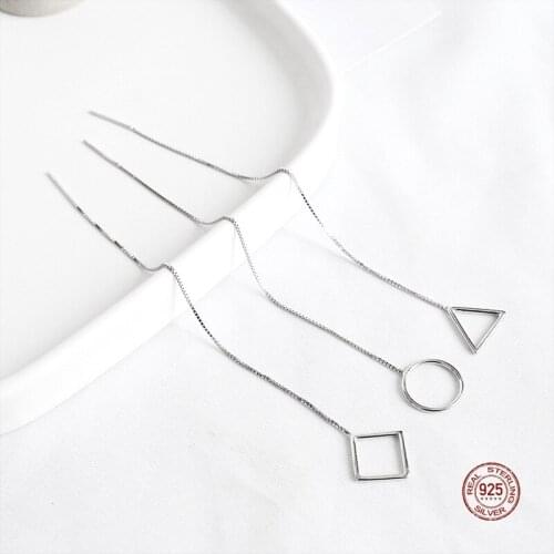 LKO S925 Sterling Silver For Women Long Tassel Earring Geometry Triangle Circular Diamond Shape Earrings Jewelry Accessories