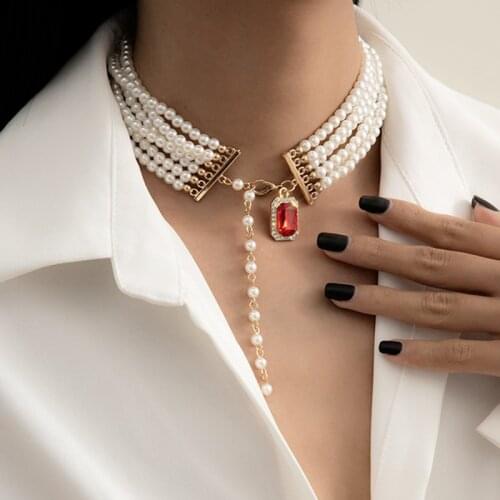 MWSONYA Trendy Multilayer Pearl Chokers for Girls Geometric Crystal Tassel Party Necklace for Women