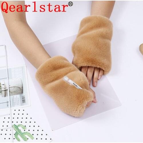 Qearlstar Soft Cute Warm Gloves Faux Fur Plush Fingerless Mittens Women Men Girl Solid Fashion Velvet Lining Fur Gloves DW43