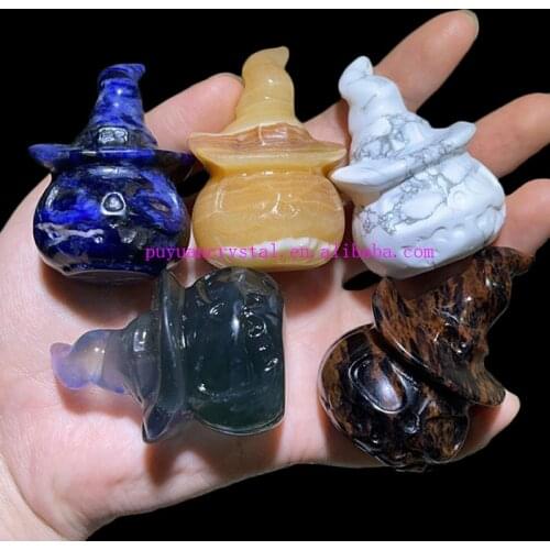 Natural Fluorite Carved Crystal Pumpkin Witch Quartz Figurine Healing Crystals Feng Shui Halloween Decoration Luck Art Gifts