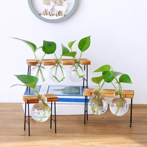 Nordic Wrought Iron Flower Stand Simple Glass Bottle Wooden Shelf Desktop Hydroponics Vase Home Decor Transparent Vase