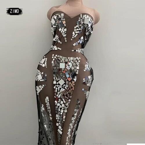 Elegant Sequin Long Dress Women Party club sexy birthday Mesh black Evening Gown Prom Perspective Singer Trailing Dress wedding