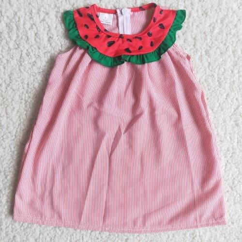 Young girl summer dress watermelon seed pattern neckline red striped woven material casual boutique dress for girls