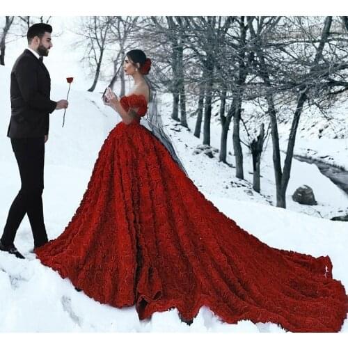 Vestidos De Noiva Luxury Red Lace Foral Turkey Wedding Dresses 2021 Sexy Off the Shoulder Bridal Gowns Robe De Mariee