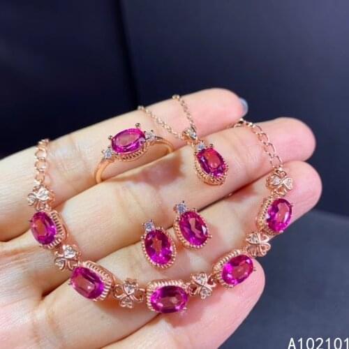 KJJEAXCMY fine Jewelry 925 sterling silver inlaid natural pink topaz luxury girl pendant ring earring bracelet set support test