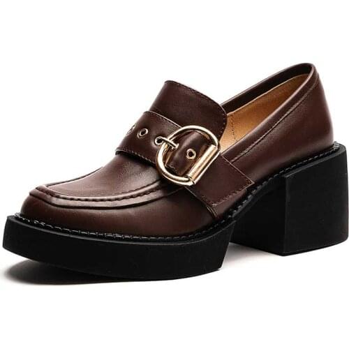 MORDOAN Genuine Cow Leather Loafers Women Round Toe Buckle Platform Shoes Women