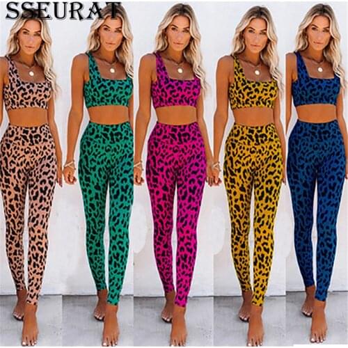 SSEURAT Women Set Leopard Print Sleeveless Tops Seamless Leggings Gym Sportswear Fitness Set Sports Clothing 2021