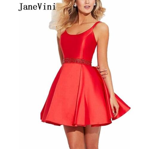 JaneVini Elegant A Line Short Red Homecoming Dress 2019 Scoop Neck Sleeveless Satin Beaded Backless Plus Size Graduation Dresses
