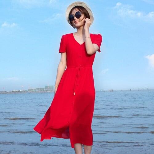 2021 New Summer Women Fashion Casual Short Sleeved Bow Vestidos Female Sexy V-neck Solid Color Mid-Calf Hot Sale Dresses B81