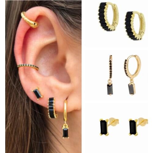 100% Real S925 Sterling Silver Black Zircon Earrings Micro Pave CZ Stud Earring For Women Ladies Cartilage Pendientes Jewerly