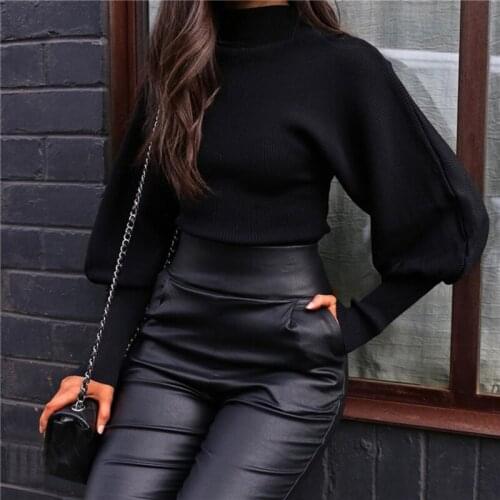 2020 Winter Elegant Knitted Ladies Sweaters Fashion Turtleneck Solid Color Pullover Women Lantern Sleeves Short Sweater