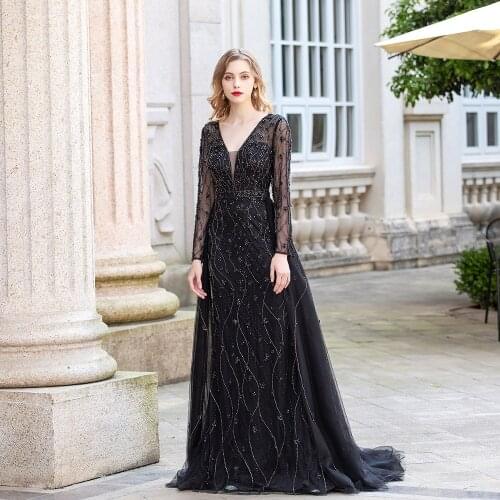 2021 Muslim Black Full Sleeve Diamonds Evening Dresses Long V Neck Tulle Beaded Formal Gown for Women