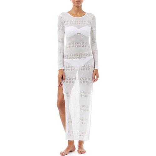 2021 Knitted Long Beach dress White Beach Cover up Robe Plage Crochet Tunics for Beach Saida de Praia Swimsuit cover up #Q424