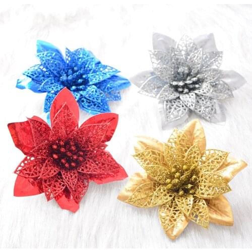 Large Artificial Flowers for Christmas Decor Glitter Poinsettia Fake Flowers DIY Home Xmas New Year Decoration Flower Wedding