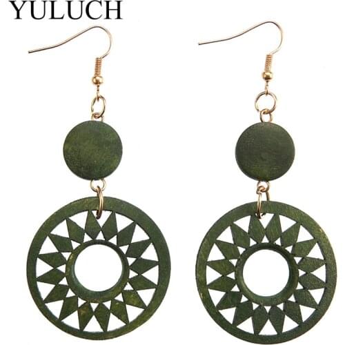 African Style Natural Wood Big Earrings Women Round Wooden Jewelry Long Drop Earring 1 pair YULUCH Elegant Design YULUCH New