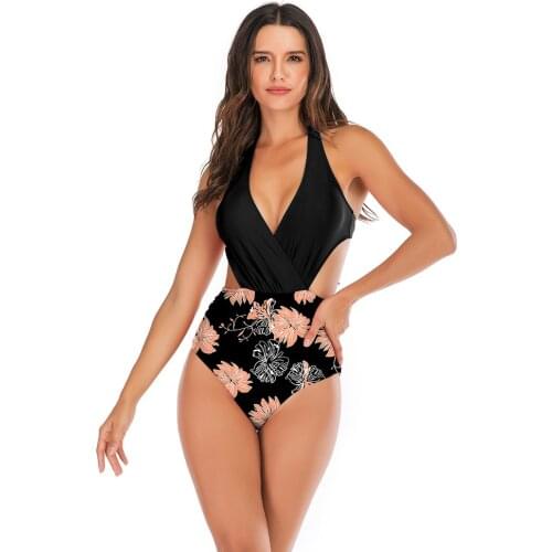 One Piece Floral Print Halter Swimsuit Sexy Summer Deep V-neck Backless Women Swimwear Monokini Push Up Bathing Suit Bodysuit