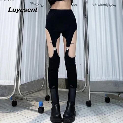 Black Gothic Lady Street Sport Long Stretch Pants Women Big Hollow Out Hole Detachable Shorts Elastic Waist Pant Punk Trousers