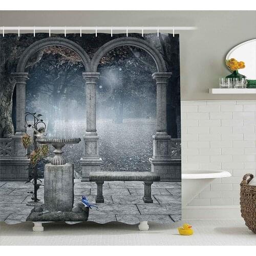 Decor Shower Curtain, Fictional Middle Age Mythic Stone Bench Balcony Building with Hummingbird Graphic, Fabric Bathroom Decor S